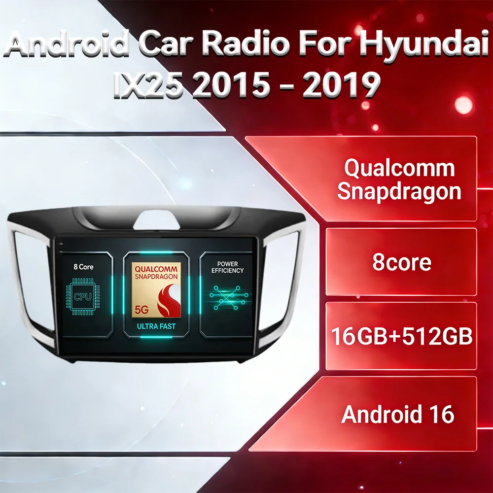 Android 16 Carplay Auto For Hyundai Creta IX25 2015 2016 2017 2018 2019 BT Multimedia Video Player QLED Head Unit Qualcomm 2DIN