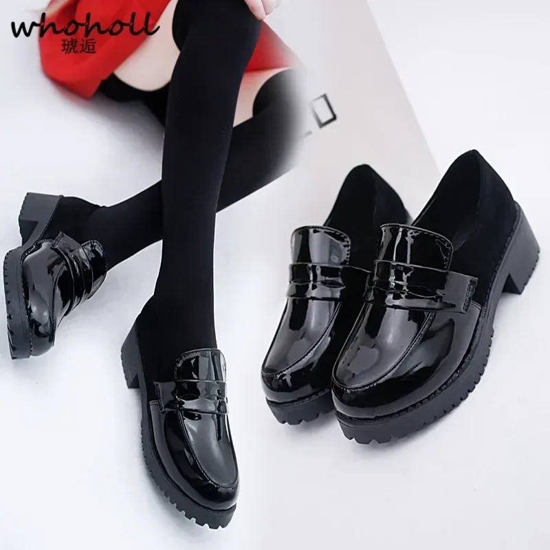 WHOHOLL sepatu bot kulit wanita model Lolita lucu, sepatu bot wanita, sepatu kulit ujung bulat, sepatu seragam sekolah Jepang, sepatu Cosplay Anime imut