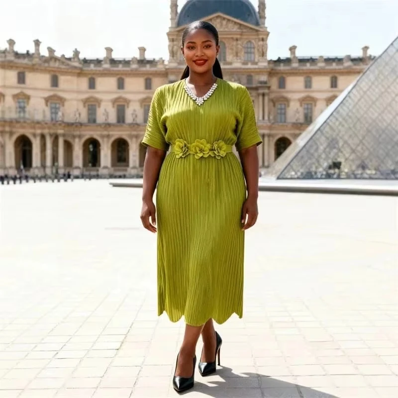 ANLAN Orange Pleated Women's Summer Dress Fashion Rhinestones V Collar Elegant Elastic Short Sleeve Tie Waist Dresses 9AN1032