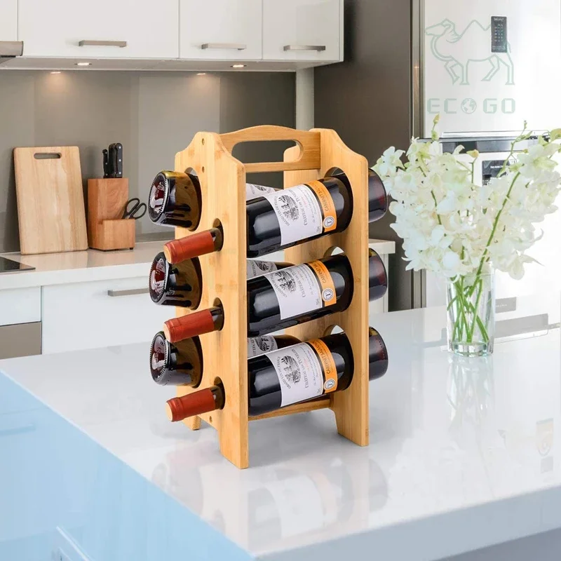 Portable Wine Stand for 6 Bottle Wooden Storage Bamboo Wine Storage Cabinet