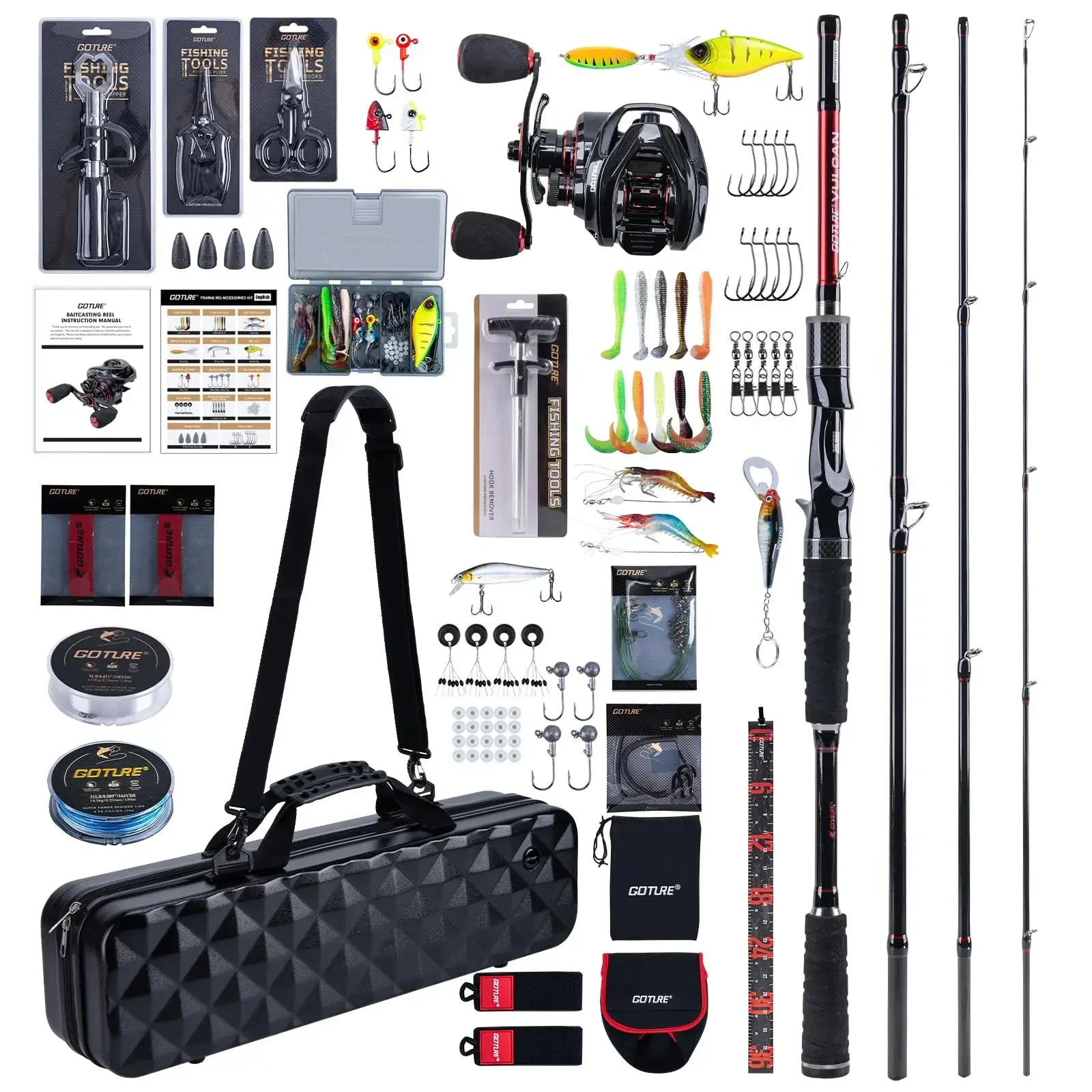 Goture Baitcasting Fishing Combo 4-Piece Carbon Rod Reel,Full Tackle Set Lures Line Hooks Hard Case for Bass Trout Fishing