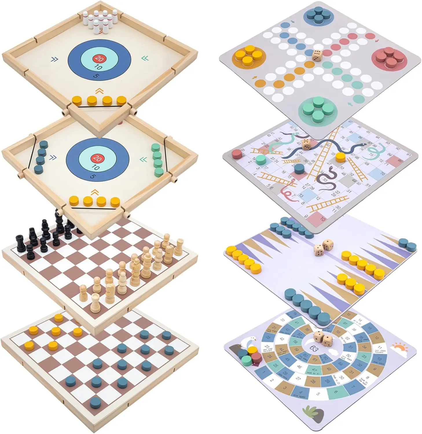 

8-in-1 Wooden Board Game Set for Kids & Adults - Portable Travel Games with Chess, Checkers, Backgammon, Ludo, Snakes & Ladders