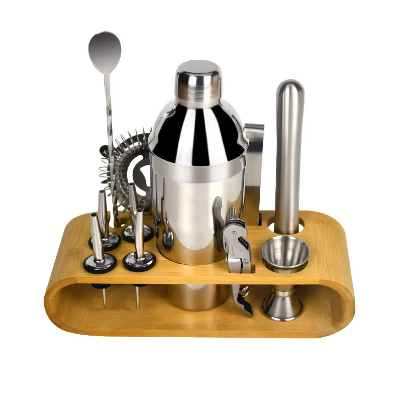 Stainless Steel Bars Barware Cocktail Shaker Set With Bamboo Stand Jigger Spoon Tong Bartender Tools Kit Whisky Wine Mixed Drink