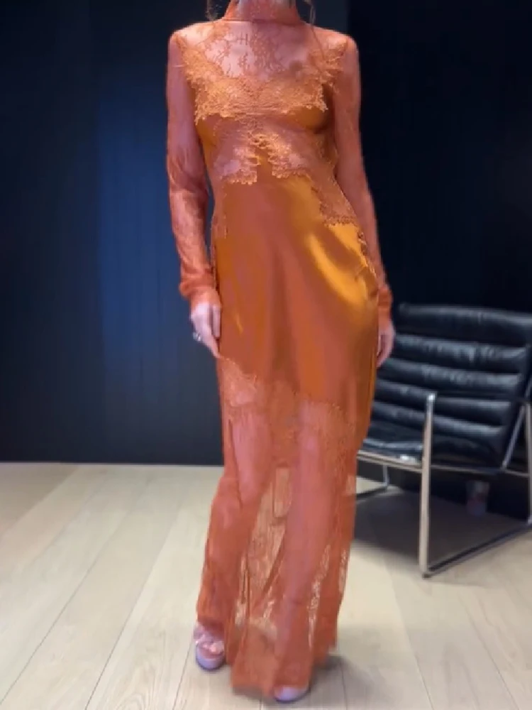Spitzen-Maxikleid mit Stehkragen für Damen, transparente Spitzenüberlage, Satinfutter, lange Ärmel, Meerjungfrauen-Saum, elegantes formelles Damenkleid – Detail 7