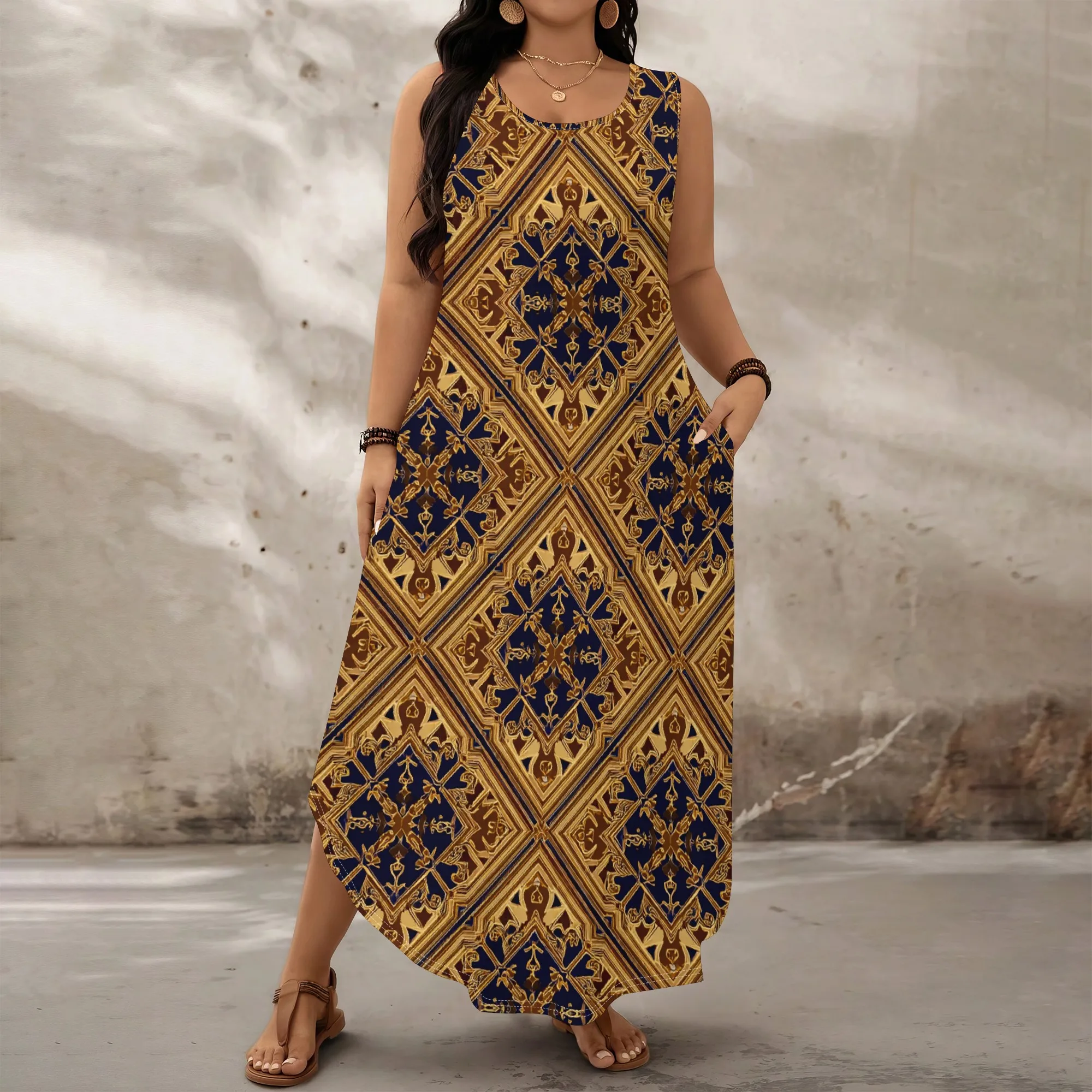 

Dragon & Wave Print Maxi Dress for Women, Sleeveless with Pockets, Asian-Inspired, Perfect for Festivals & Casual Wear (XL-6XL)