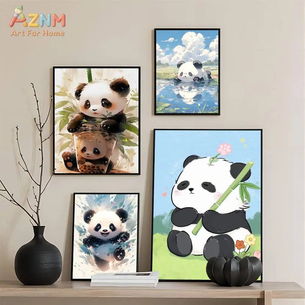 AZNM Cute Watercolor Panda Canvas Print Bamboo Bubble Tea Floral Swimming Panda Unframed Canvas Wall Art Kids Bedroom Nursery De