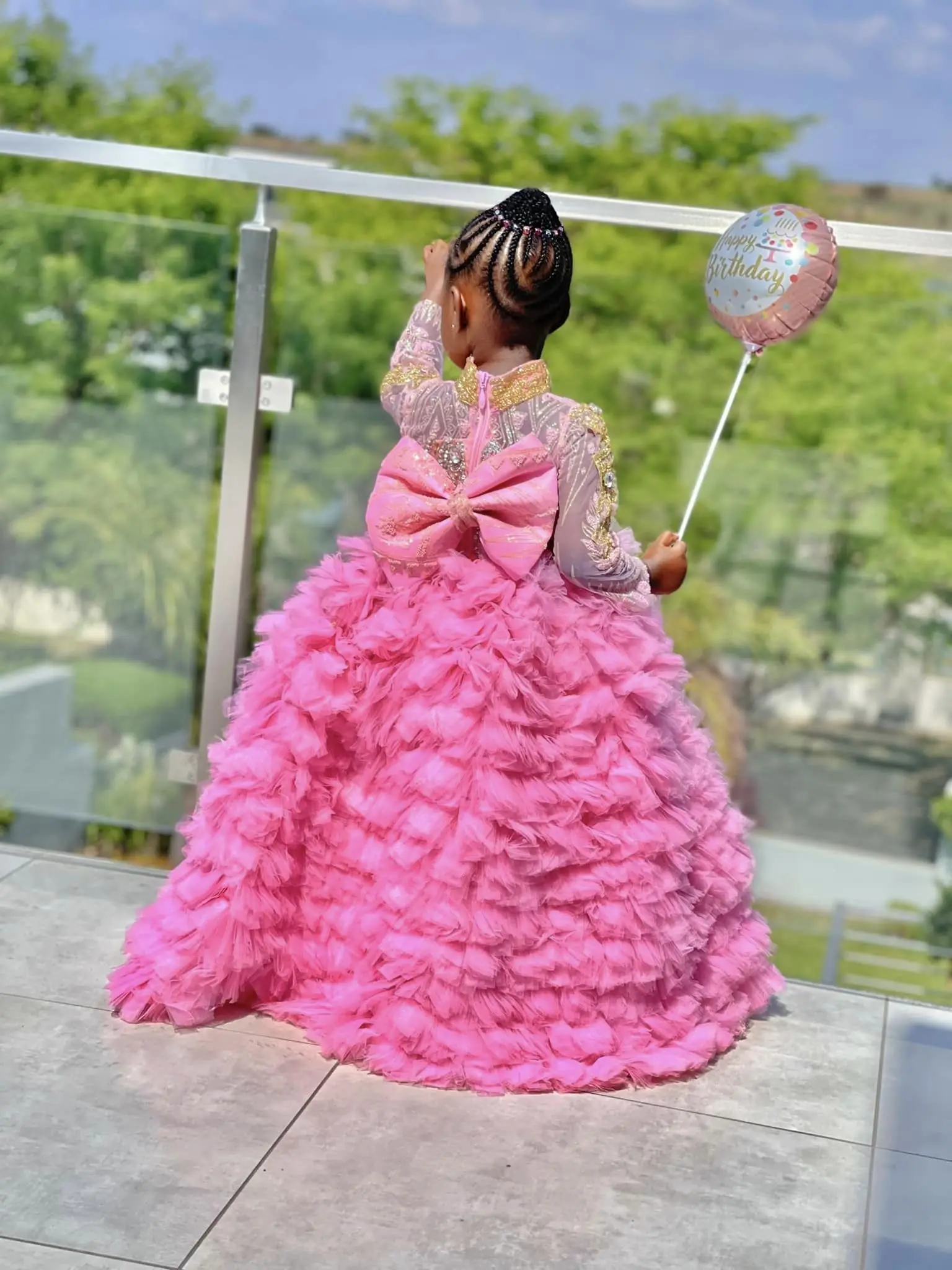 Robe de Luxe Rose à Fleurs pour Fille, Tenue de Princesse Personnalisée, à Col Haut, avec Perles, pour Première Communion, Cadeau d'Anniversaire pour Enfant