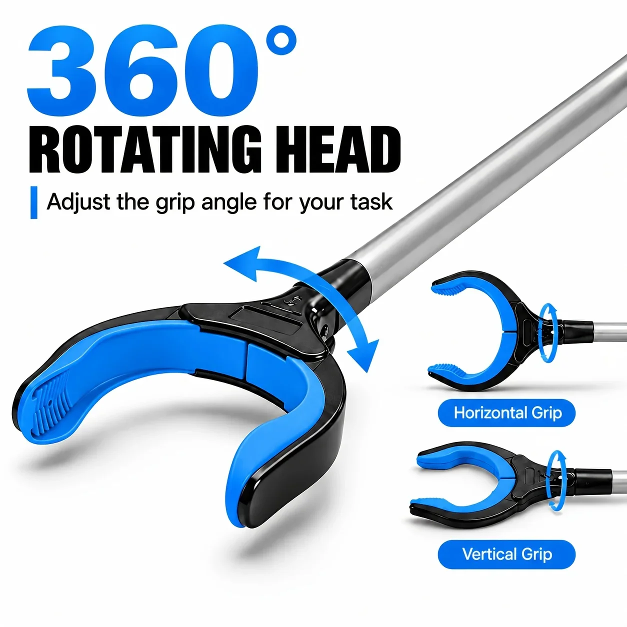 Foldable Grabber Reacher Tool, 360° Rotating Jaw, Long Handle Pick Up Tool for Seniors, for Home Garden Outdoor Cleaning