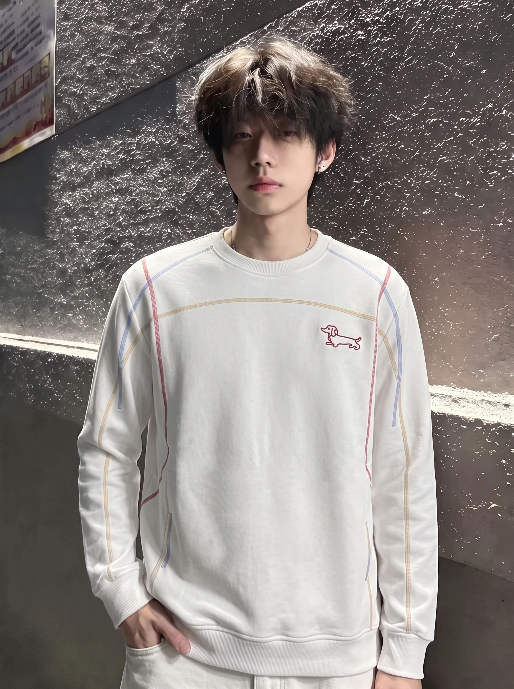 Hasselblad Line Color Block Dog Embroidery Sweatshirt Men's Long Sleeve T-Shirt Comfortable Fit Hoodie Cleanfit Style round Neck
