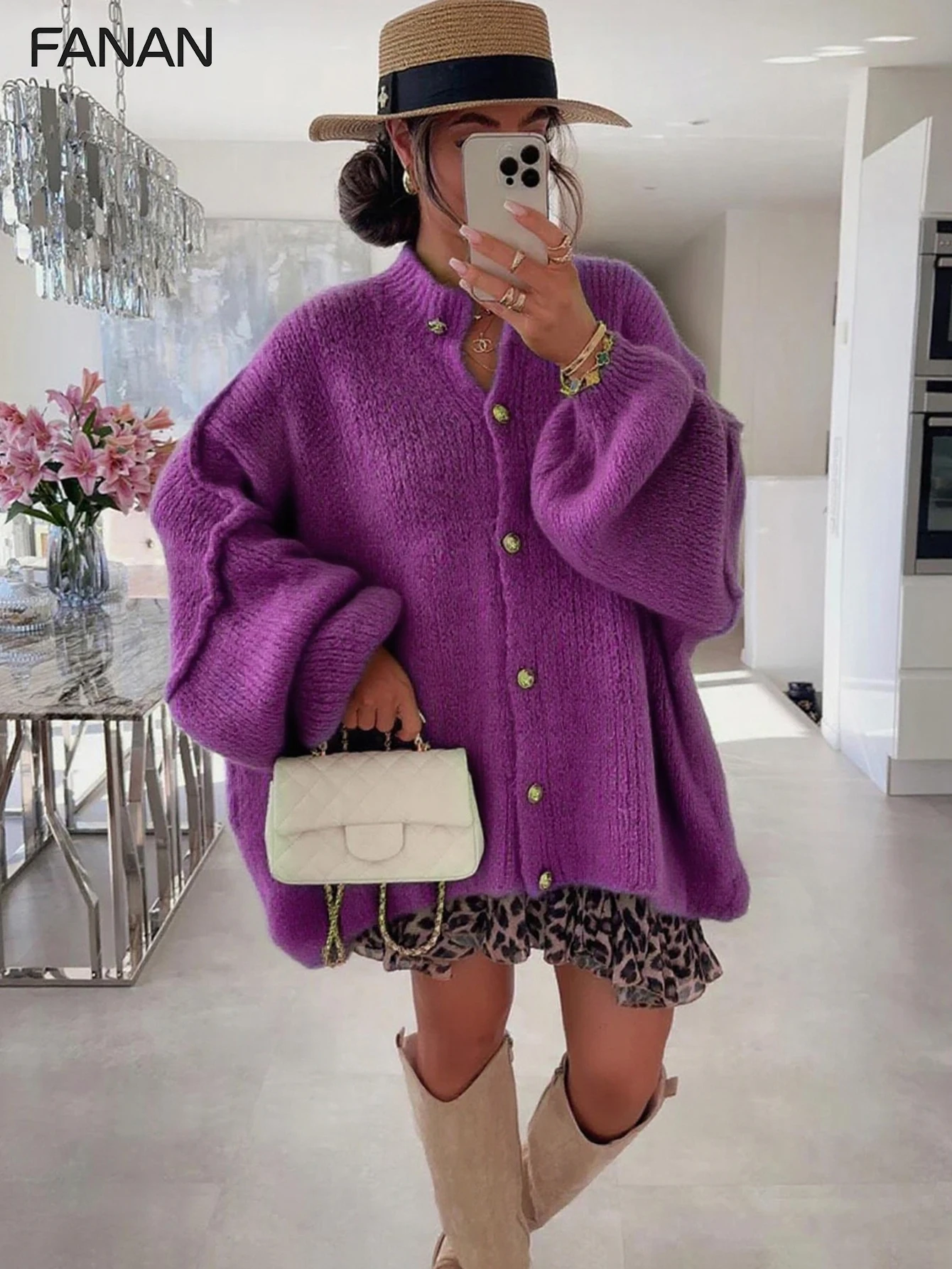

Новый осенне-зимний вязаный кардиган для женщин в непринужденном стиле, фиолетовый свободный кардиган с круглым вырезом, повседневная и элегантная осенне-зимняя верхняя одежда, базовый универсальный стиль для городских поездок, стильный и модный повседнев