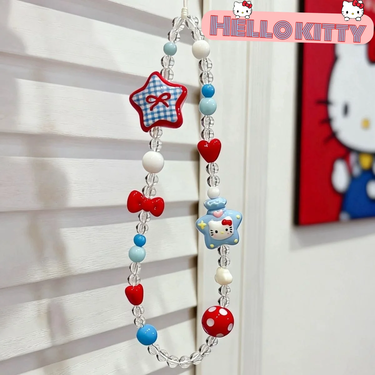 Llavero de Hello Kitty con cuentas estilo INS dulce y kawaii, adorno para bolso con estrellas a cuadros y lazos, accesorios de moda antipérdida para teléfono.