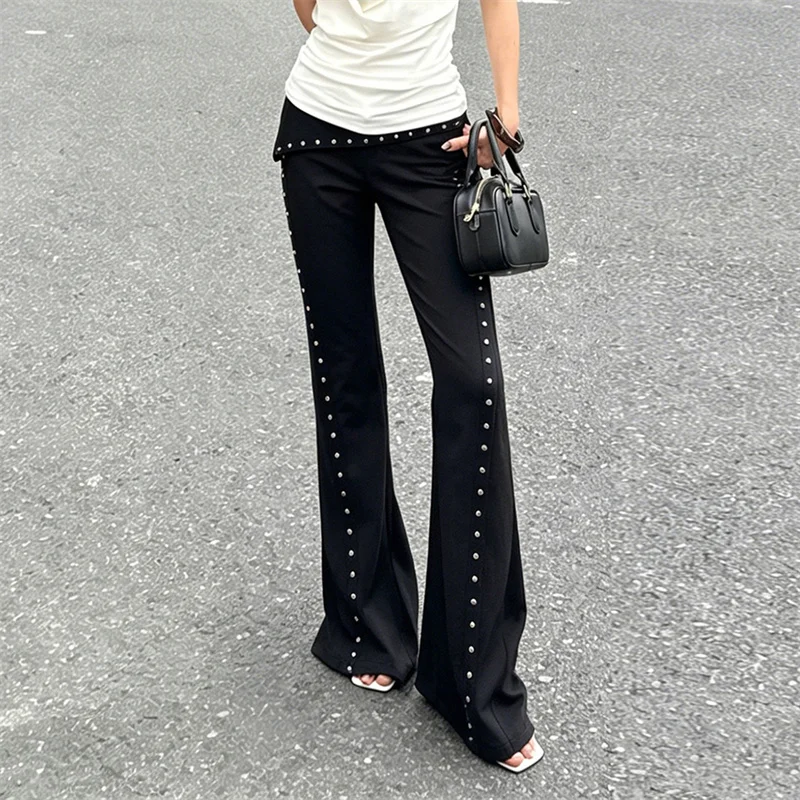 Goth Dark Mall Gothic Rivet Design Long Pants E-girl Streetwear Cyber Y2K Low Waist Flare Pant Women Alt Bottoms Zipper Trousers