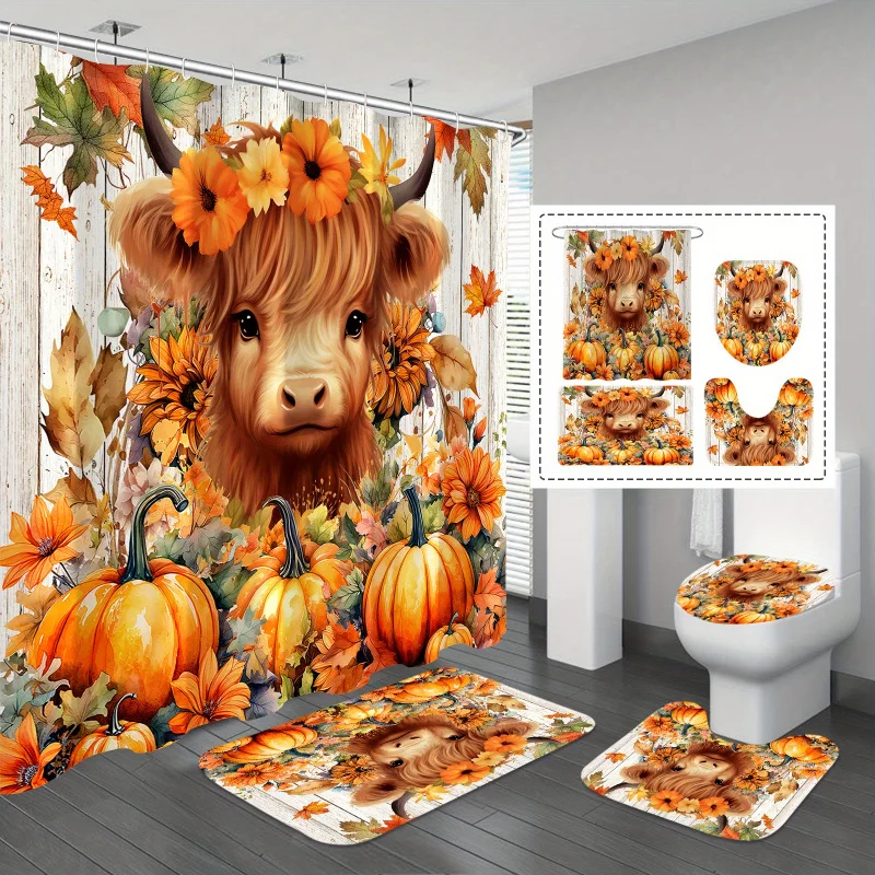 Thanksgiving 1/4pcs Halloween Highland Cow Shower Curtain Set, Rustic Farmhouse Autumn Maple Leaves Pumpkin Bathroom Sets with S
