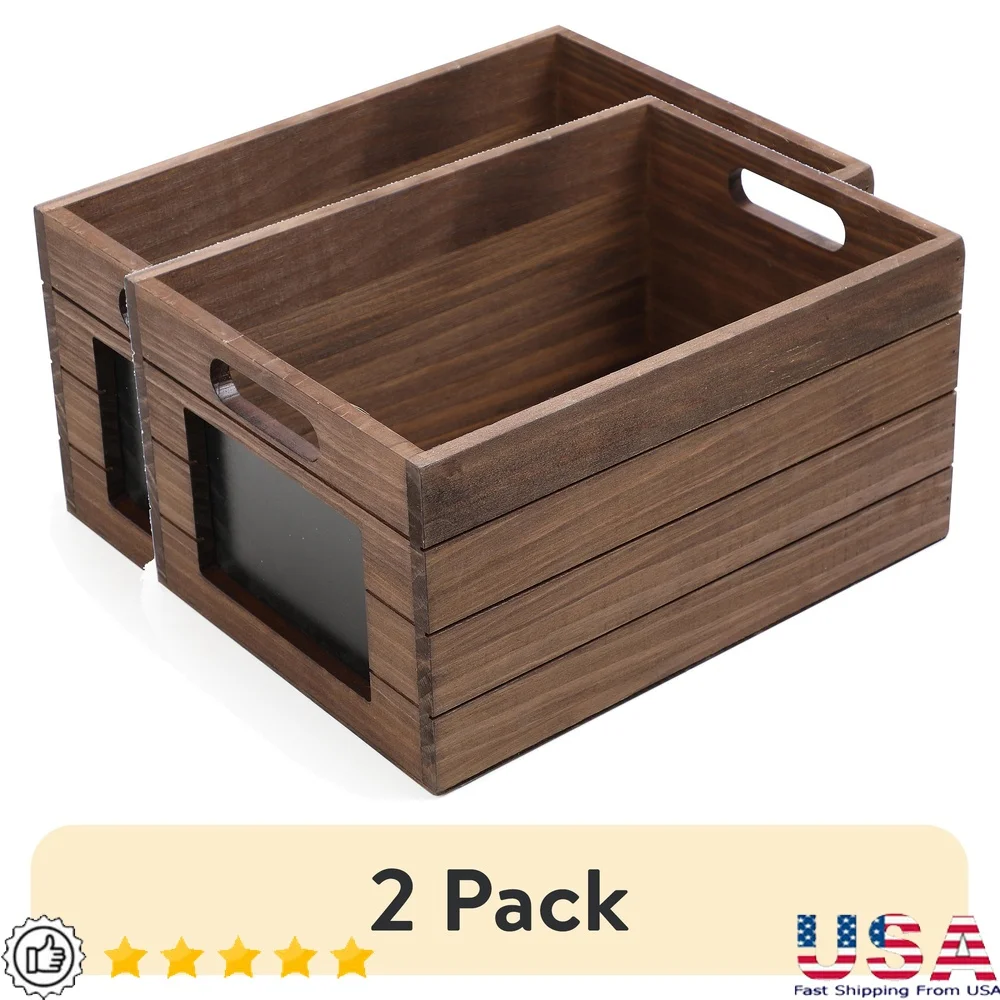 

2 Pack Wooden Storage Crate with Chalkboard Label Cut-Out Handles Multi-Functional Decorative Organizer Home Kids Room