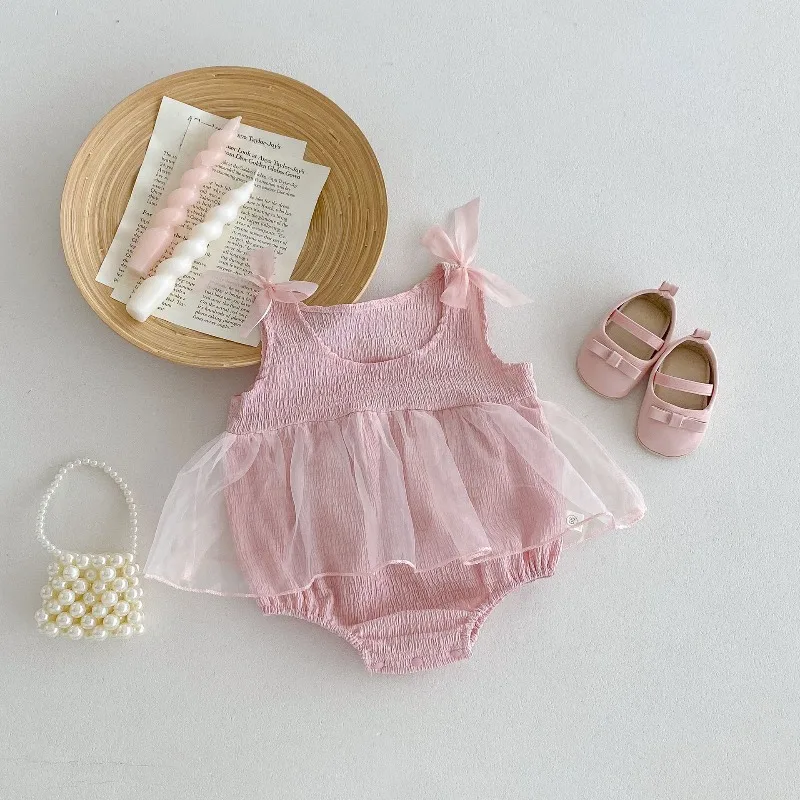 Summer Baby Jumpsuit Pink Mesh Princess Outfit Newborn Girl Sweet Bow Camisole Romper Fashionable Stylish