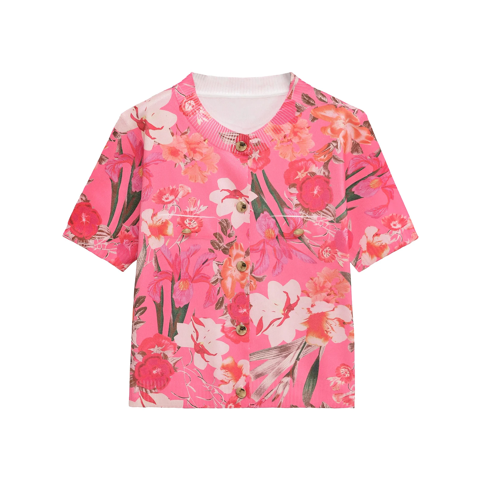 

2025 summer new product women's clothing fashion flower print knitted short-sleeved jacket cardigan T-shirt