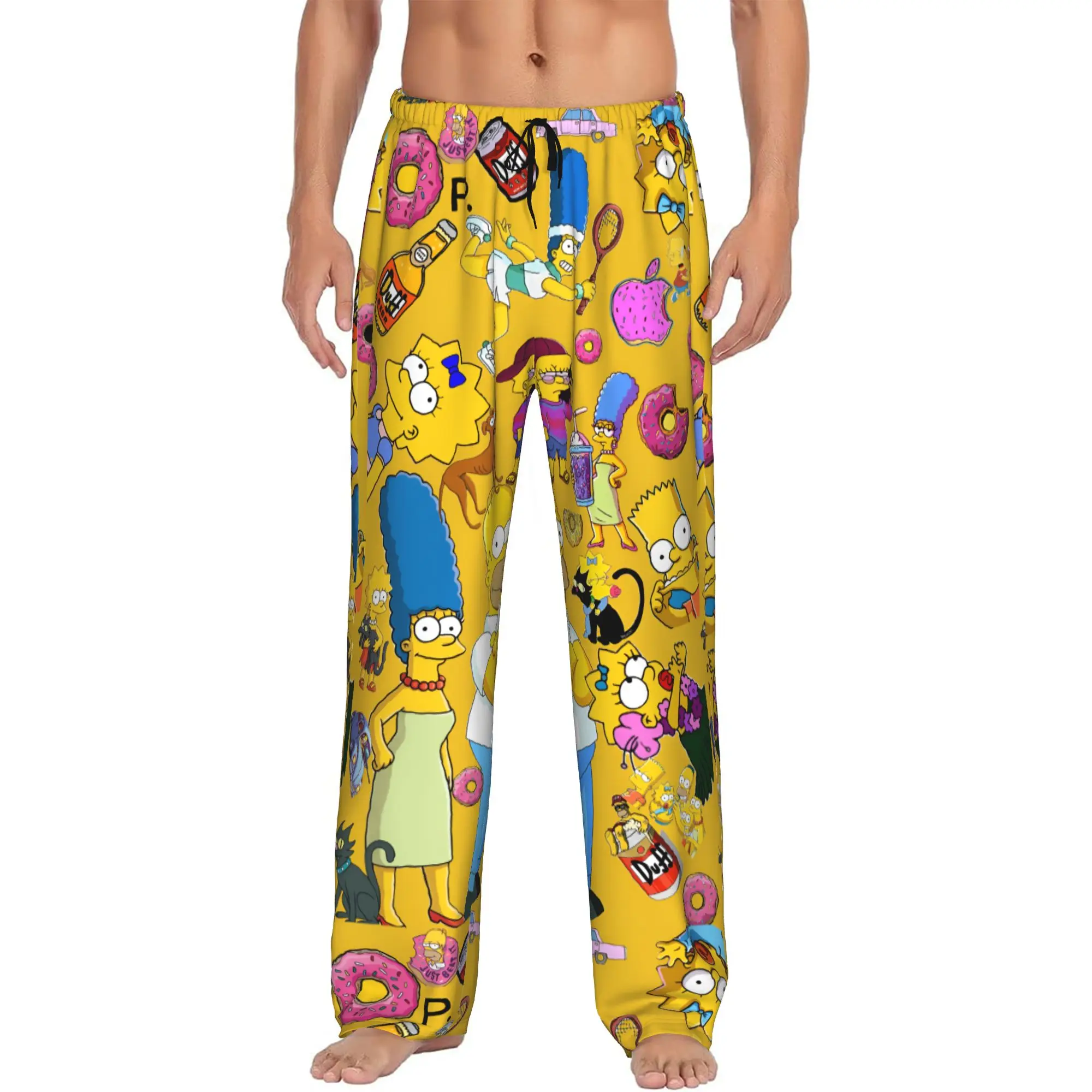 Custom Printed S-Simpsonsed Anime Pajama Pants for Men Bart Homer Lisa Cartoon Sleep Sleepwear Bottoms with Pockets
