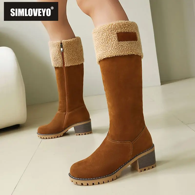 

SIMLOVEYO брендовые женские сапоги до колена на массивном каблуке 6 см, замшевые зимние сапоги из флока на молнии, распродажа, ботильоны, расширенный размер 45, повседневные