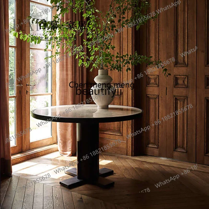 New arrive Nordic simple solid wood retro dining table creative natural beige travertine large round table household dining tabl