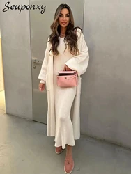 High Quality Women'S Solid Color Knitted Set, Sexy Long Sleeved Loose Long Cardigan Jacket+Sleeveless Dress Casual Two-Piece Set