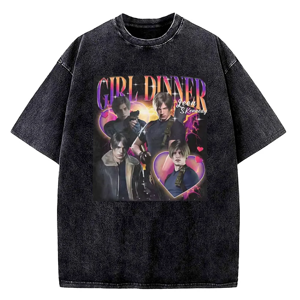 Leon Kennedy Vintage Washed cotton tshirt teen aesthetic Vintage Psychedelic korean clothes korean clothes Colorful 2000s Gothic