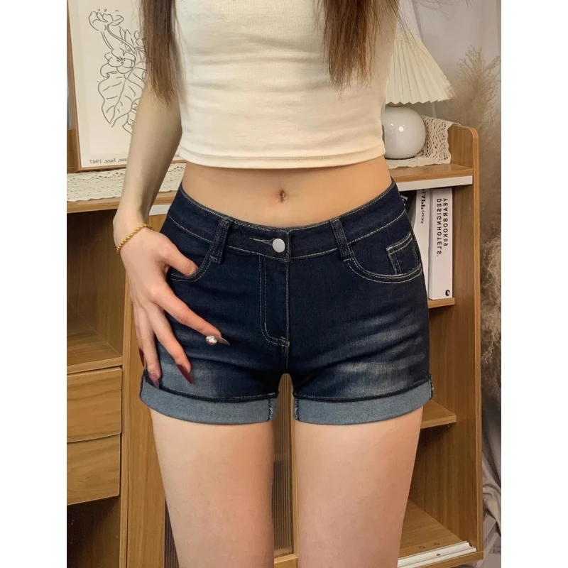 

Summer Women's Dark Blue High Waist Denim Shorts Streetwear Casual Slim Fit A-Line Hot Pants with Rolled Hem Elastic Waist