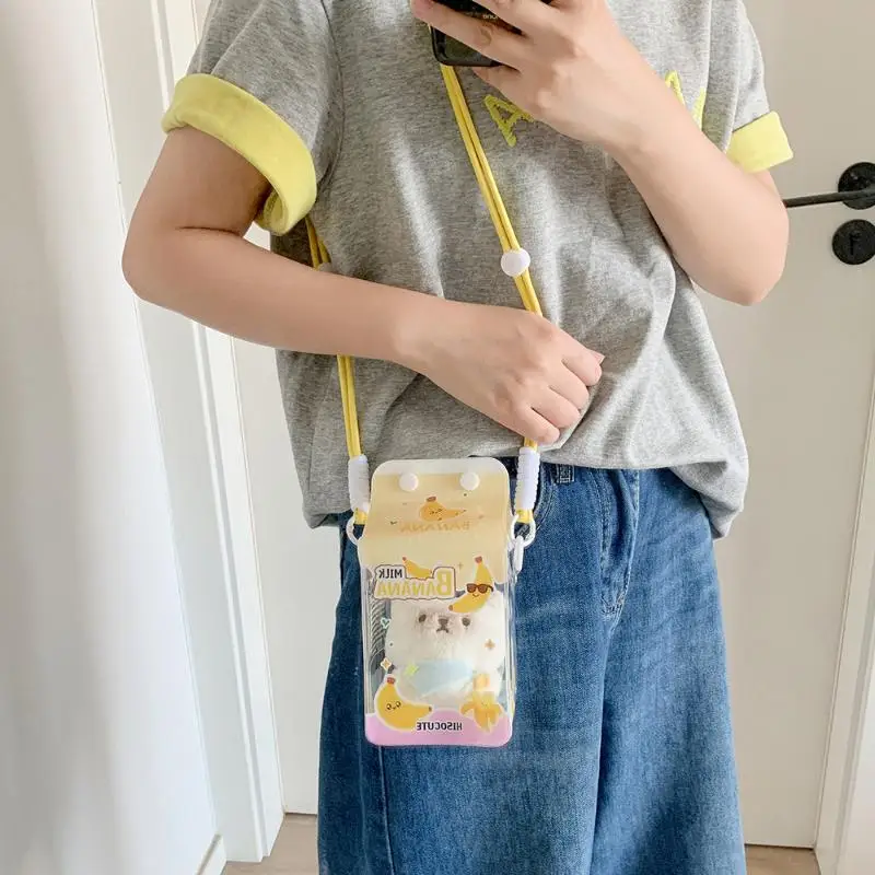 Saco de brinquedos de caixa de leite fofo - Vitrine de crachá transparente |   Mini caixa de armazenamento de boneca com cordão, acessório decorativo de passeio