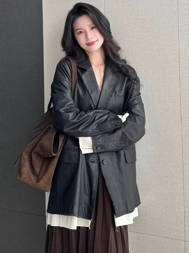 

Mid-length Genuine Leather Blazer Jackets for Women Spring Autumn High-end Simple Vintage Loose Soft Black Real Sheepskin Coat