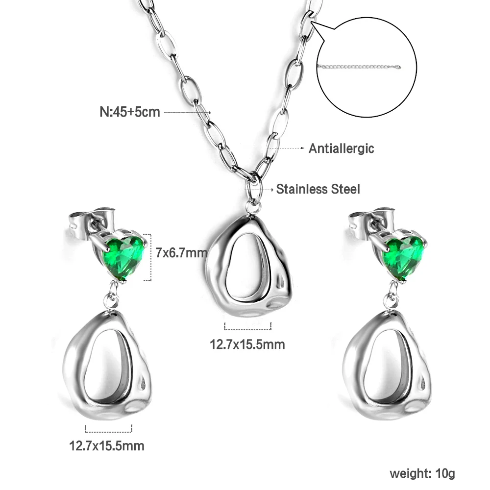 LUXUSTEEL Vintage Necklace Earrings Jewelry Sets For Women Ladies Stainless Steel Geometric Irregular Green Crystal Heart Studs