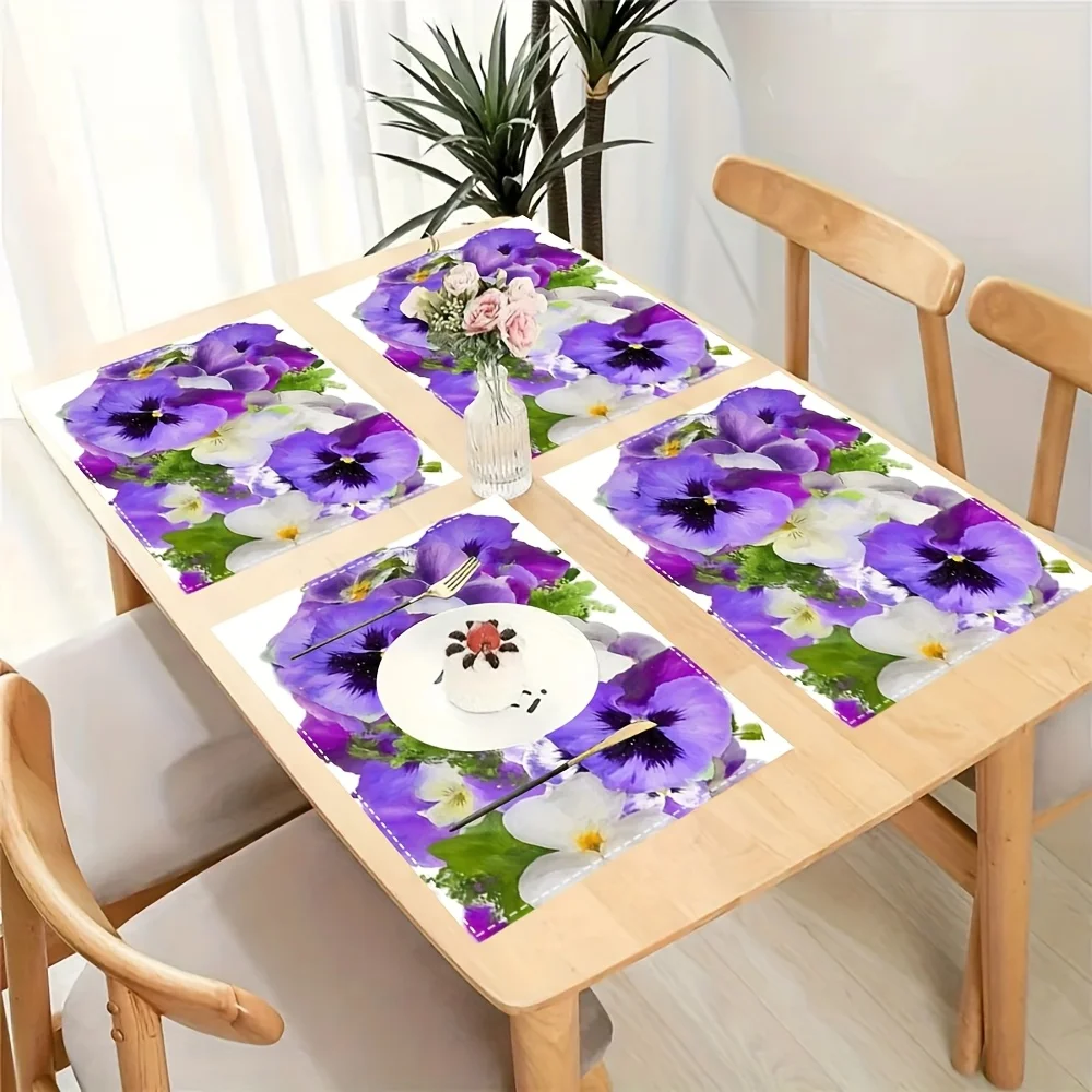 4pcs Linen Table Mats 12x18 Inch - Woven Rectangular Placemats with Violet Purple and White Pansies Print, Machine Washable