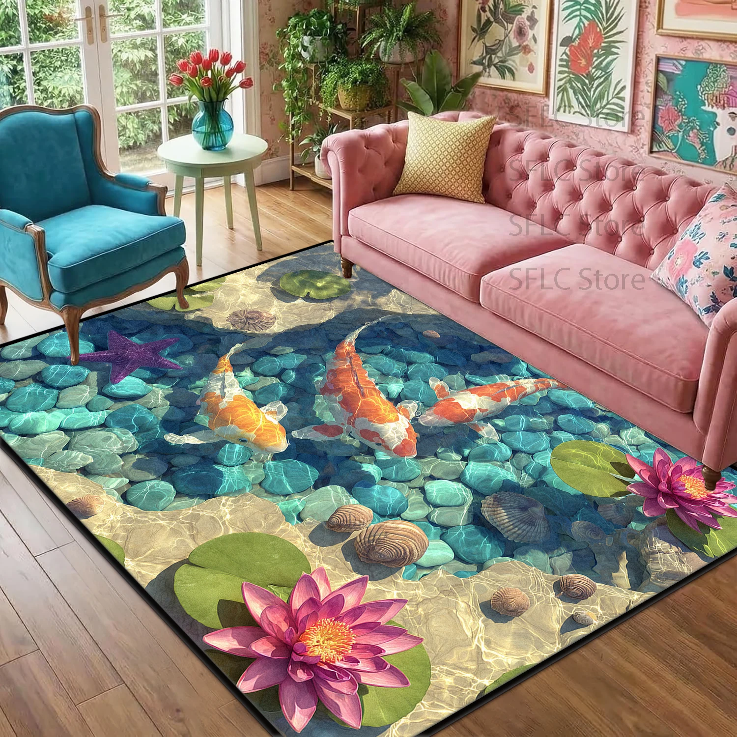 Chinese 3D Lotus Koi Print Living Room Sofa Mat Non-slip Washable Bedroom Large Rug Soft Fluffy Customized Study Floor Carpets