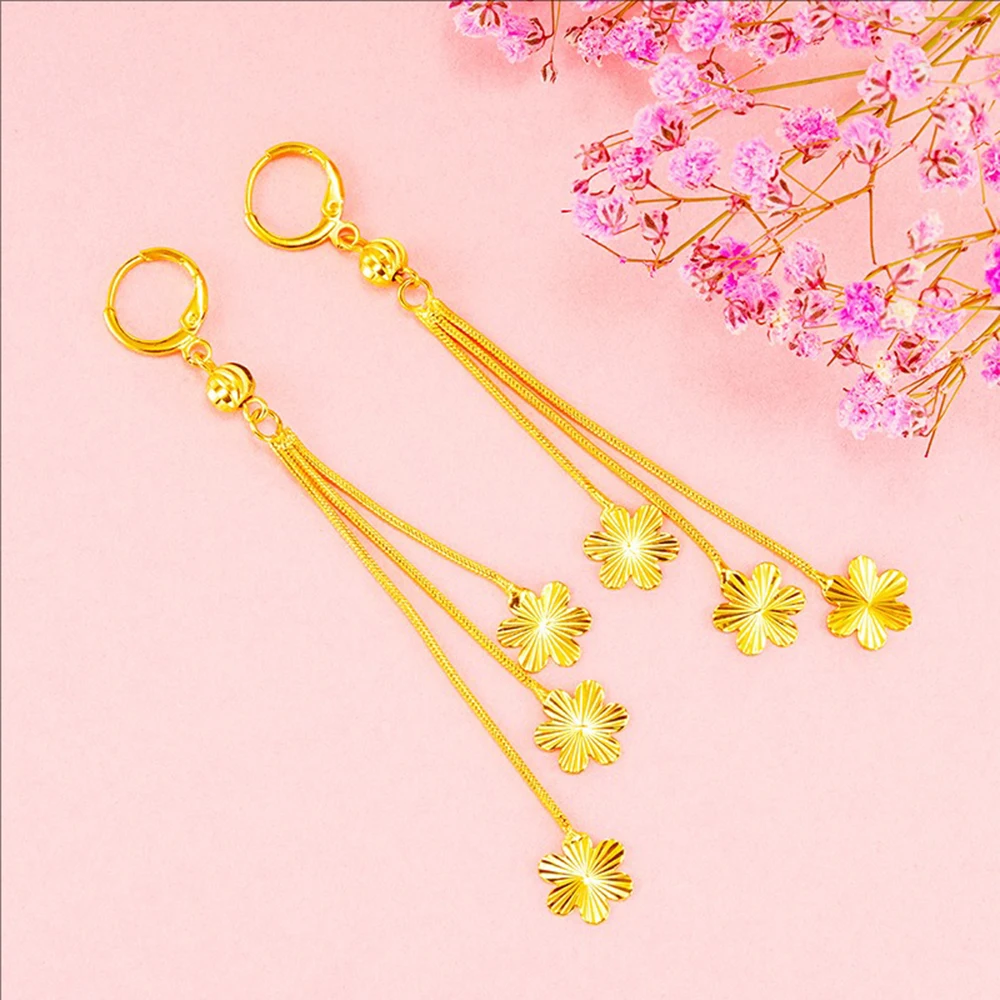 

Long Female Simulation Golden Flower Tassel Earrings Sweet and Elegant lady's Fashionable Earrings