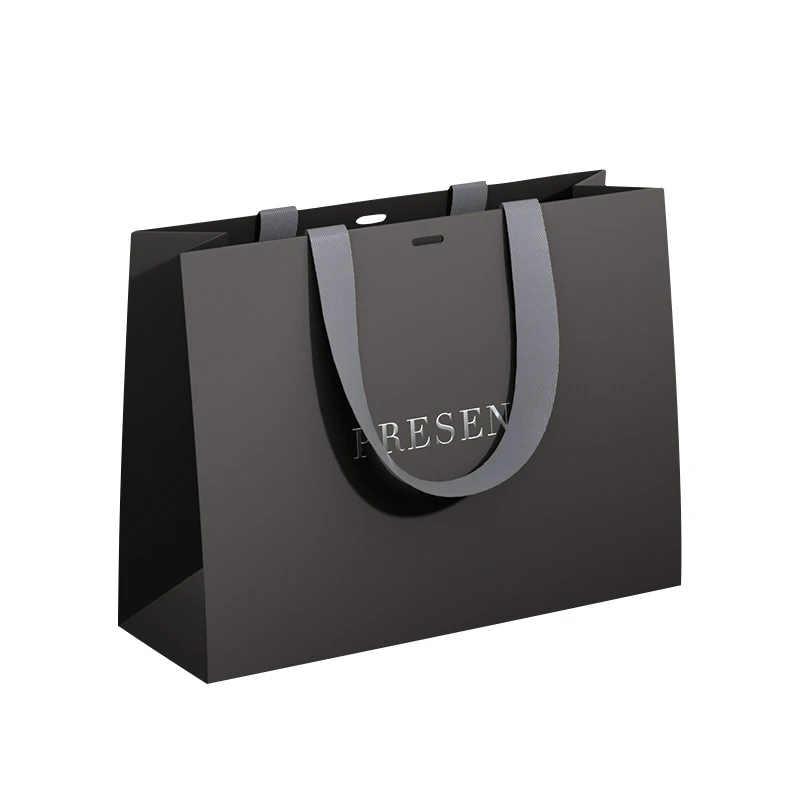 Customized product、Luxury Ribbon Handle Boutique Shopping Packaging Black Paper Bags With Your Own Logo