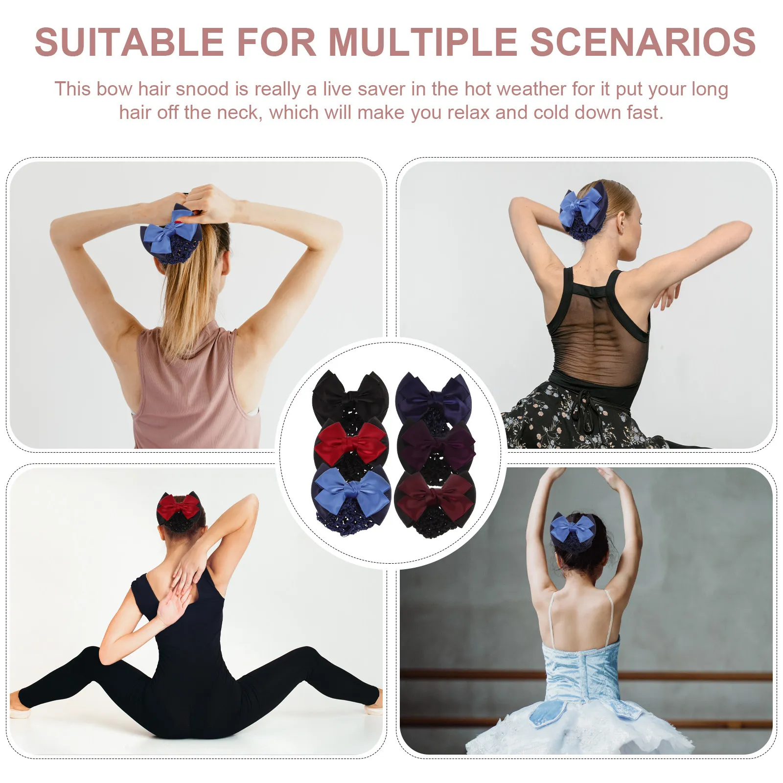

6Pcs Women Hair Snood with Cross Bow Elastic Hair Clip Bun Net Mesh Headdress for Lady Work Party Date Red Blue Black Wine