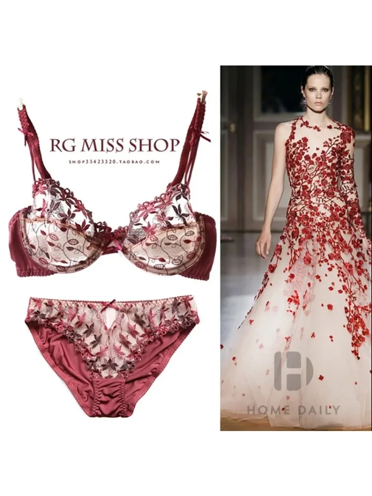 BANERDANNI طقم حمالة صدر ولباس داخلي شبكي من الدانتيل باللون الأحمر المثير والشفاف على طراز فيكتوريا كوب رفيع مع تصميم خلفي جميل