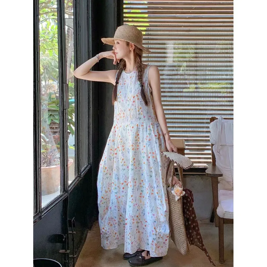 Floral Print Sleeveless High Waist Women's Dress Summer 2026 New Gentle Style Forest System Long Skirt Loose Fit Cotton Material