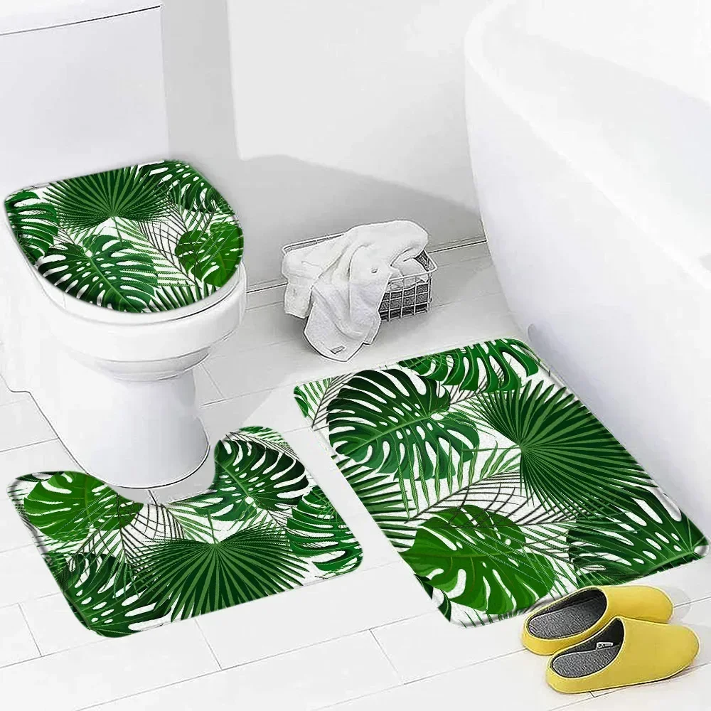 Tropical Leaves Bath Mat Set Watercolour Palm Leaf Monstera Plant Home Floor Carpet Bathroom Decor Non-Slip Rug Toilet Lid Cover