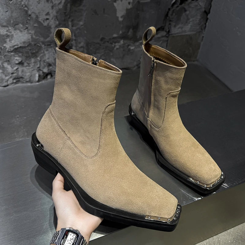 Classics Men Square-Toe Chelsea Boots Black Side Zipper British Casual Comfort Fashion High Heel Thick Sole Boots Sizes 38-46