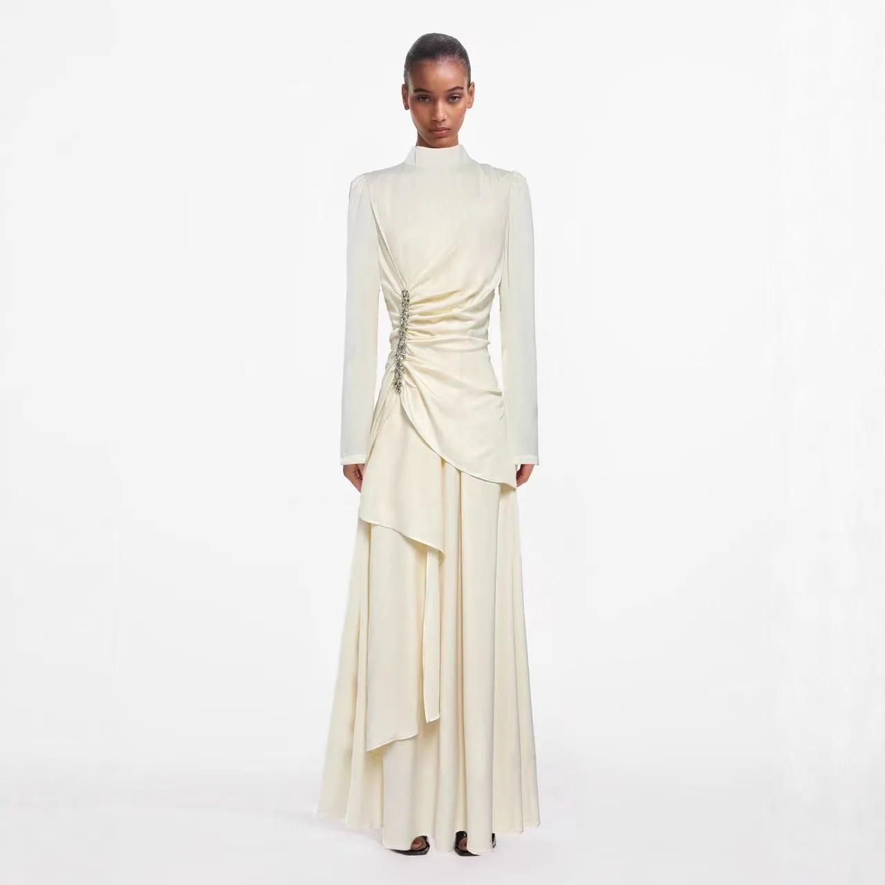 

Handmade Long Sleeve High Waist A-Line Dress Elegant Stand Collar Maxi Evening Gown Women's Fashion Summer Collection 2025
