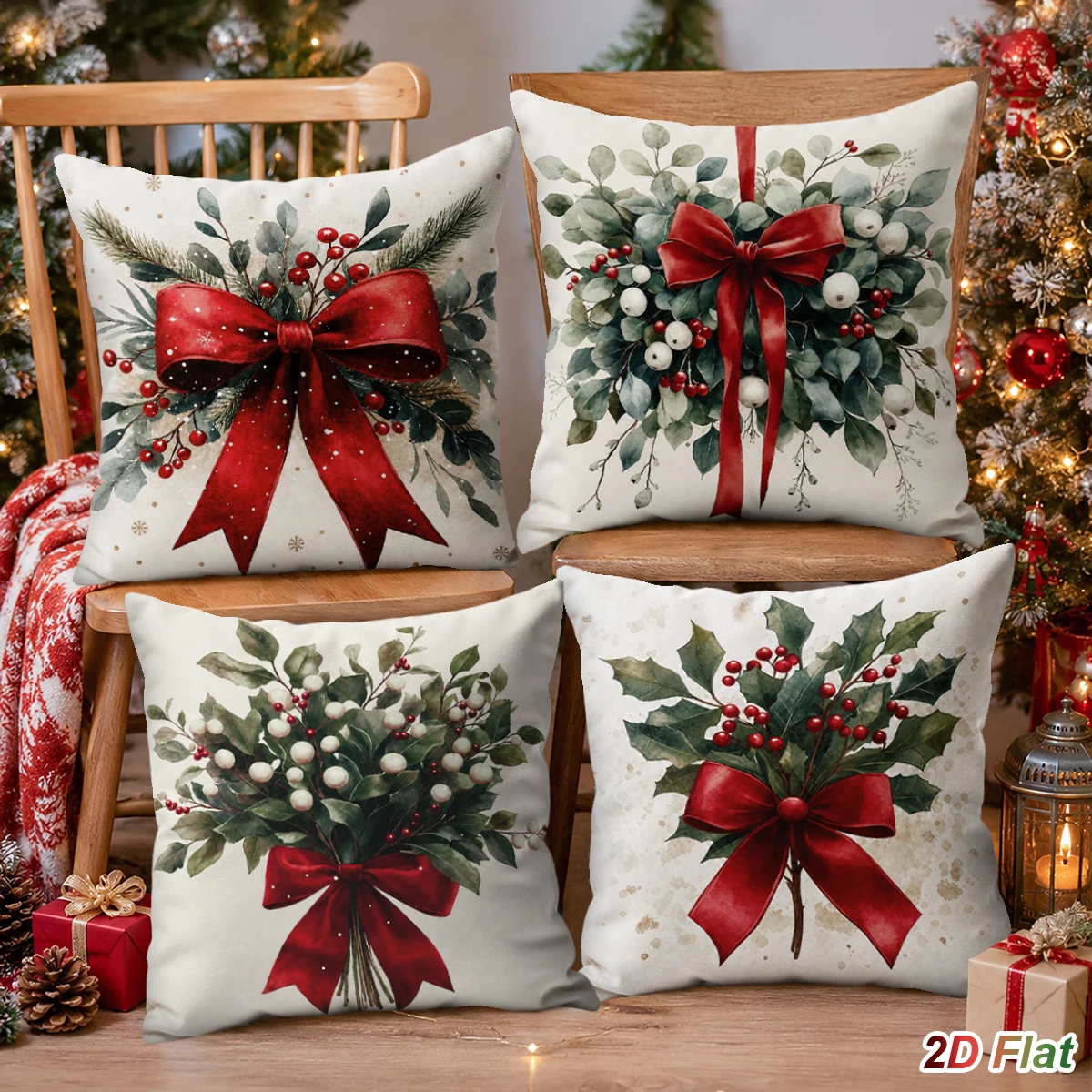 4pcs Christmas Pillow Covers Red Berries Bows Cushion Covers Merry Christmas Decorations for Home 2026 Sofa Living Room Supplies