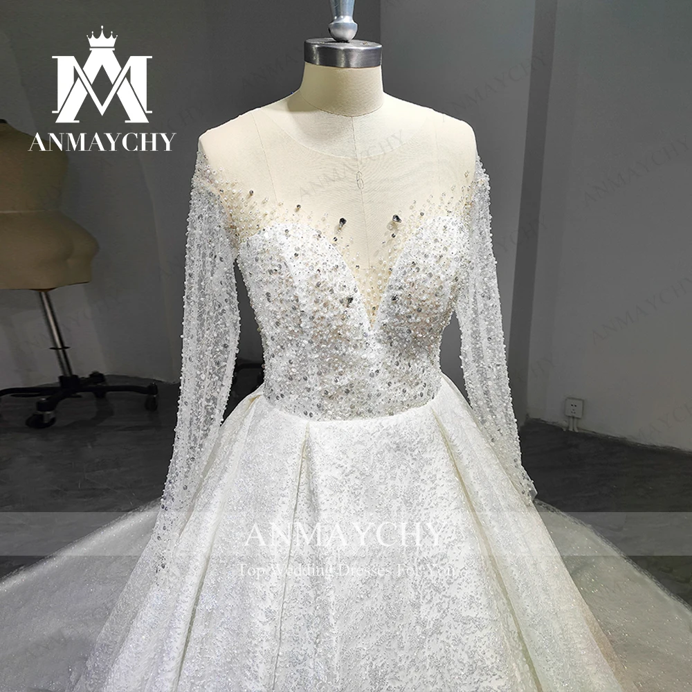 ANMAYCHY a خط الأكمام فساتين زفاف فاخرة للنساء الحبيب طويلة أنيقة بلا ظهر الخرز ثوب زفاف Vestidos De Novia