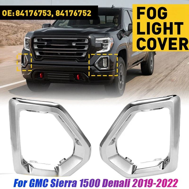 For GMC Sierra 2019-2021 Denali SLT Front Fog Light Outer Bezel Cover Chrome Set Replacement