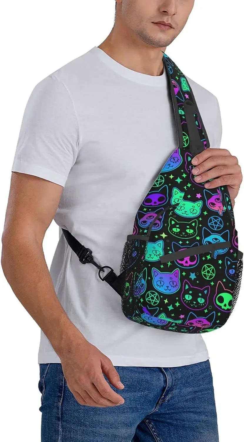 Cartoon Witchcraft Cat Skull Neon Colorful Sling Backpack Crossbody Sling Bag Travel Chest Daypack Hiking Shoulder Bag for Adult