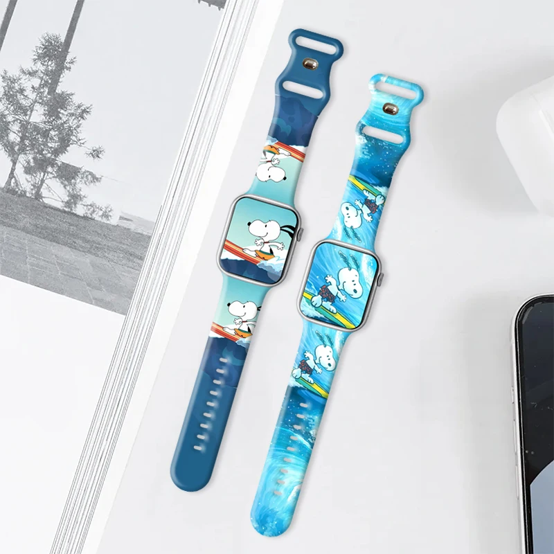 애플 워치 11 10 9용 비치 스누피 프린트 스트랩 실리콘 밴드 교체 가능한 팔찌 iWatch 46mm 44mm 42mm 41mm 워치밴드