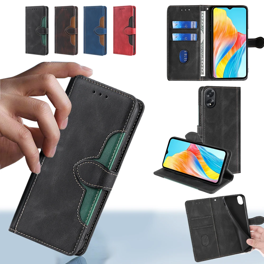 Contrasting Color Leather Flip Cover For OPPO A1 A98 A17K A36 A96 A76 A38 A18 A52 A72 A54 A55 A53S A56 Magnetic Case Money Clip