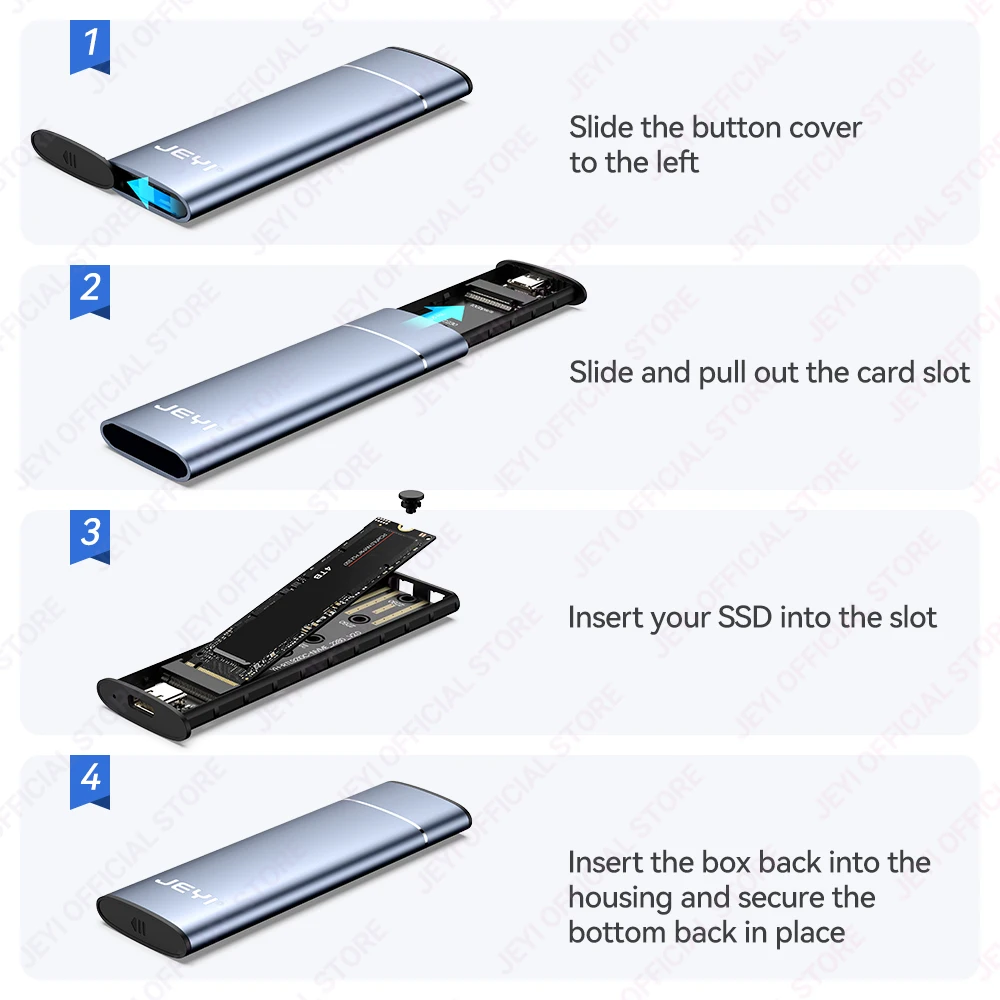 JEYI M.2 NVMe/SATA SSD Enclosure - Aluminum Tool-Free USB 3.2 Gen2 10Gbps for 2280 SSD (2230/2242/2260 Compatible)