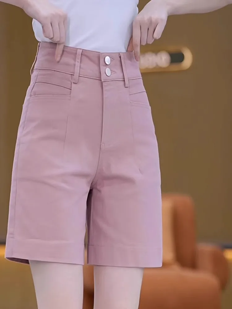 High Waist Five-Quarter Pink Denim orts Women's Casual Straight Leg A-Line Pants Summer 2025 Slimming Versatile Commute Sle