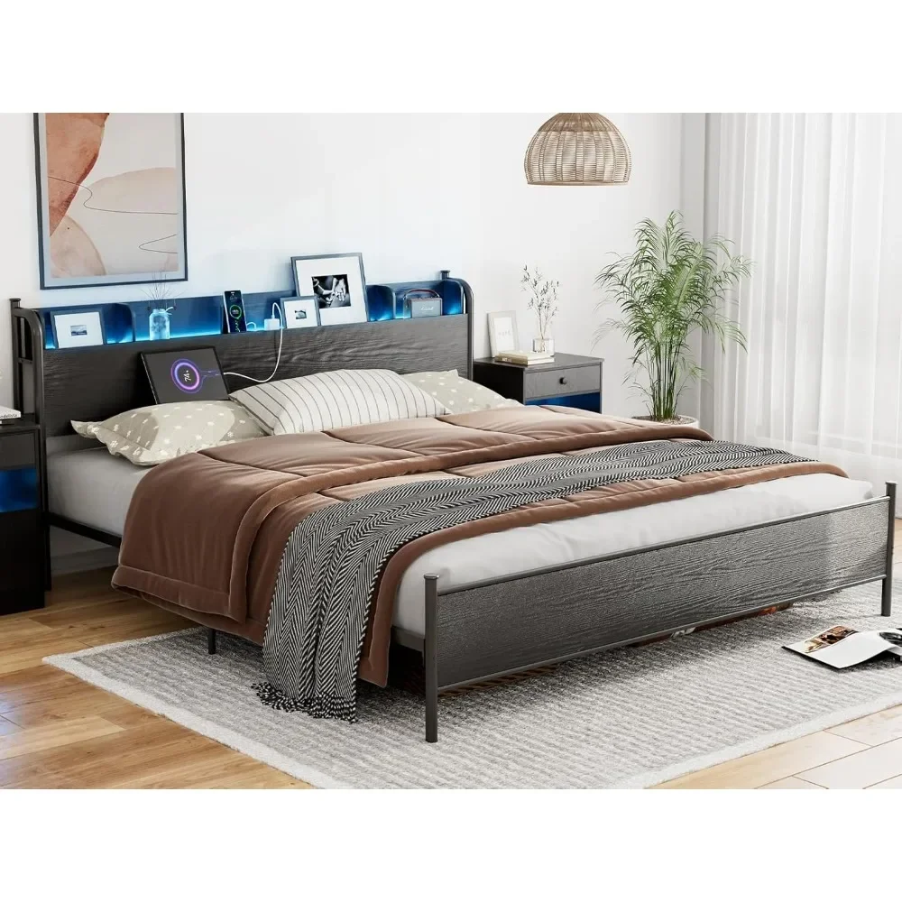 Bingkai tempat tidur ukuran King California dengan Headboard penyimpanan kayu & stasiun pengisian, tempat tidur Cal logam rumah pertanian dengan lampu LED