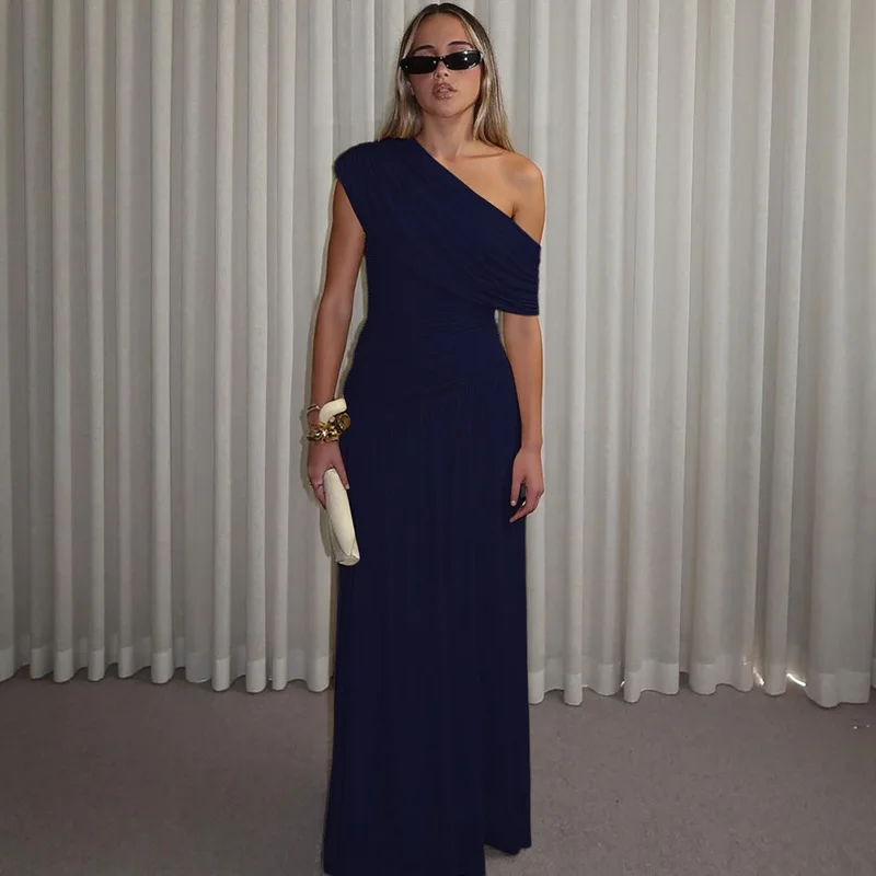 CHNMR Elegant One Shoulder Ruched Slim Maxi Dress Women Fashion Sleeveless Evening Party Robe Y2K 2026 Summer New Female Clothes - view 3