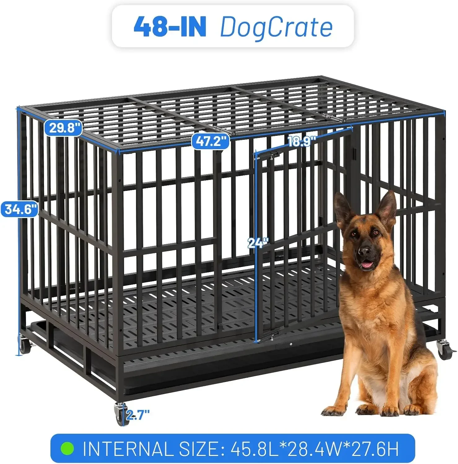 48 Inch Heavy Duty Indestructible Dog Crate, XL Steel Escape-Proof Kennel for Large Dogs, Double Door Design with 4 Locking Whee